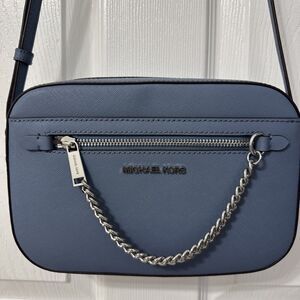 MICHAEL KORS womens JET SET Blue Pebbled LEATHER Crossbody w CHAIN handbag